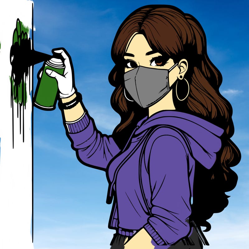 realistic girl with mask spray painting a wall