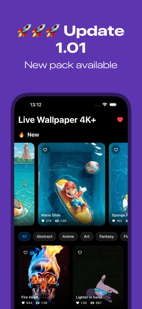 Live Wallpaper 4K+ - Live Wallpaper 4K plus app interface showing update 1.01 and new high resolution wallpaper packs