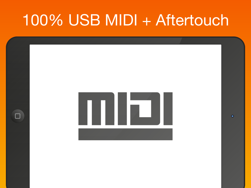 Xkey Piano - Xkey Piano app interface highlighting USB MIDI and Aftertouch compatibility on an iPad