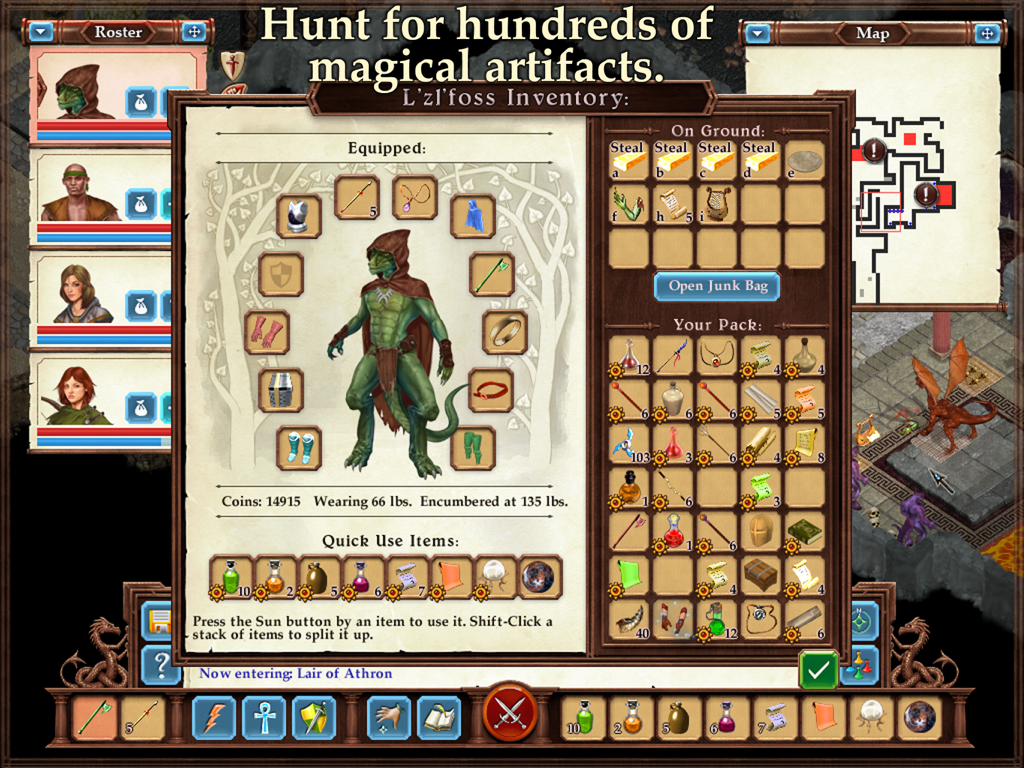 Character inventory screen in Avernum 3 showing equipped items and party members