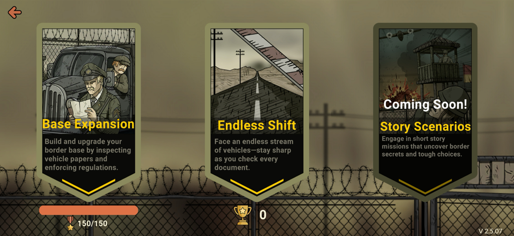 Black Border 2 Lite - Pantalla de selección de modos de juego para Black Border 2 Lite con Expansión de Base y Turno Infinito.