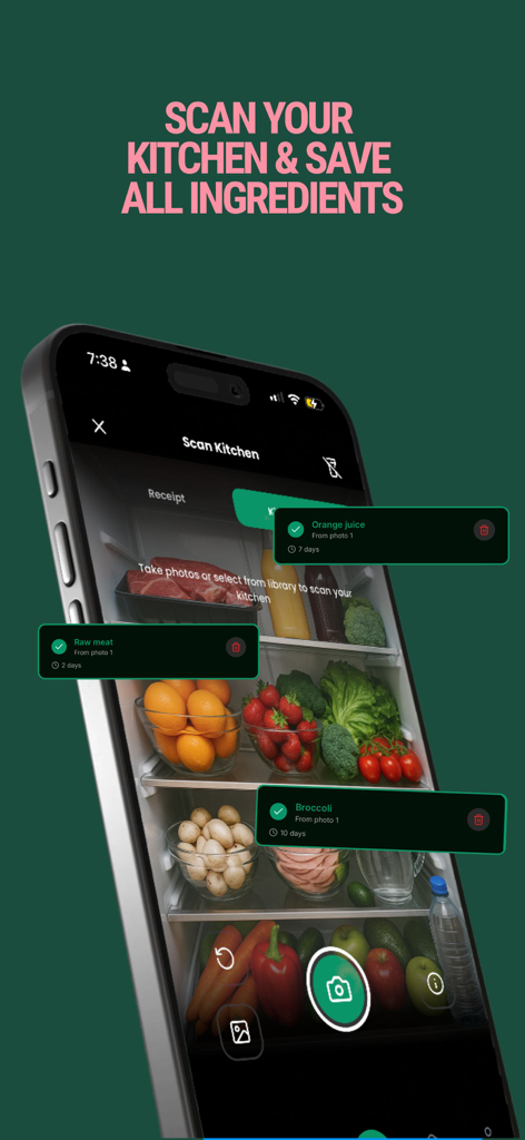 Crumb: Kitchen Recipes & Meals - Interface of the Crumb app showing its AI feature scanning a refrigerator to identify ingredients and track expiry dates.