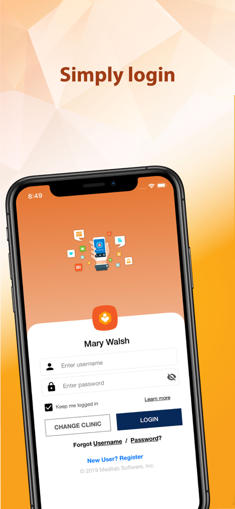 Login screen of the IMS Patient App showing fields for username and password with a blue login button
