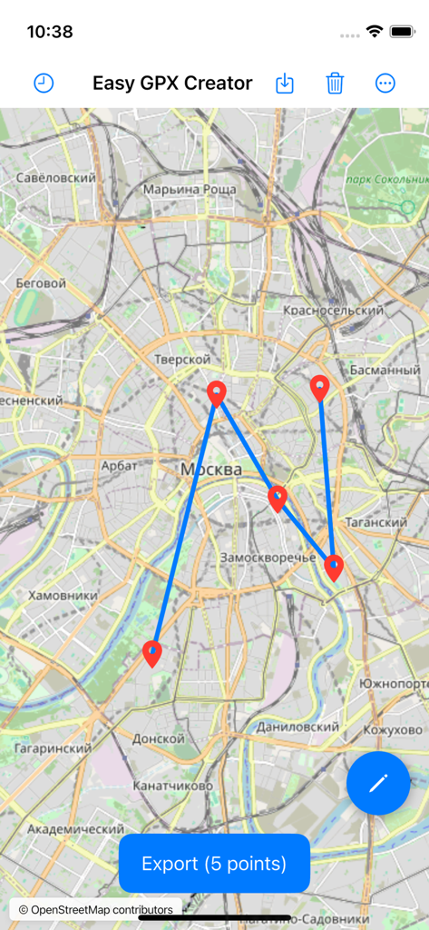Easy GPX Creator - Easy GPX Creator app interface showing a five point GPS route on a map with an export button