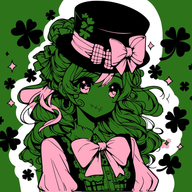 a manga-style girl with clovers around her, a little hat in her hair, like it's saint patrick's day
