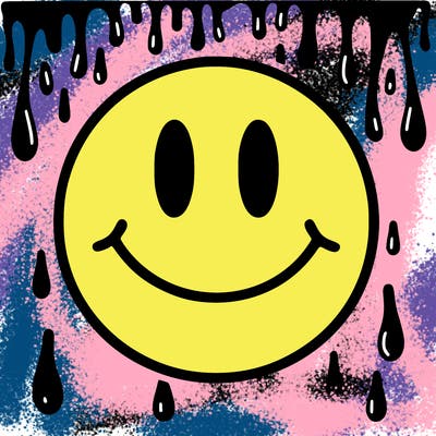 smiley face with drippy black and white background