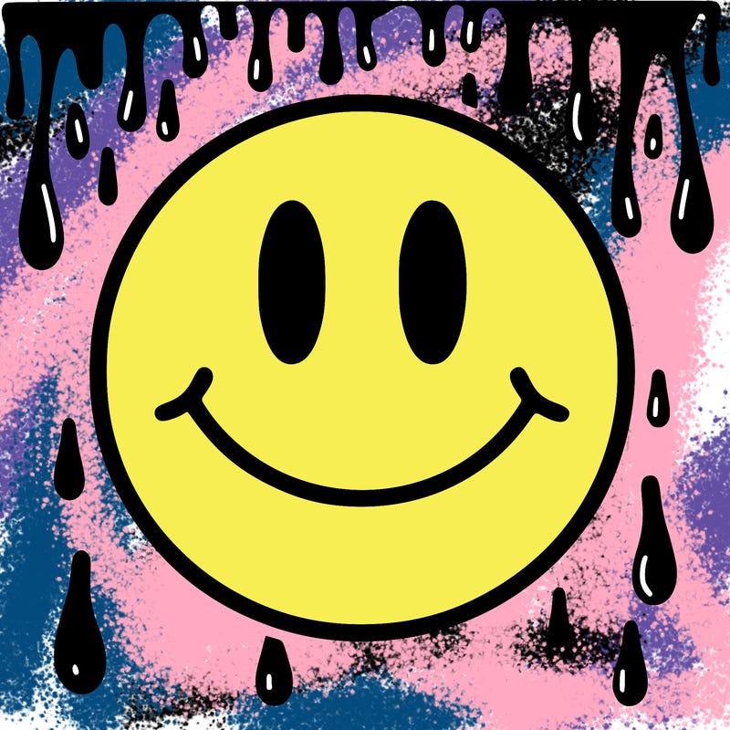 smiley face with drippy black and white background