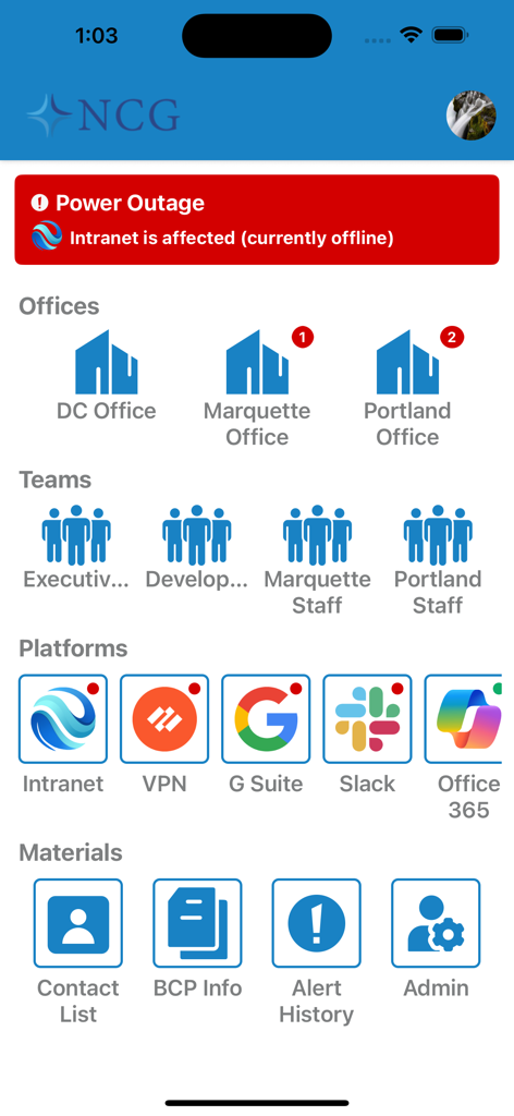 Business Continuity Plan - A dashboard for the Business Continuity Plan app featuring a red power outage alert banner and status icons for offices and platforms