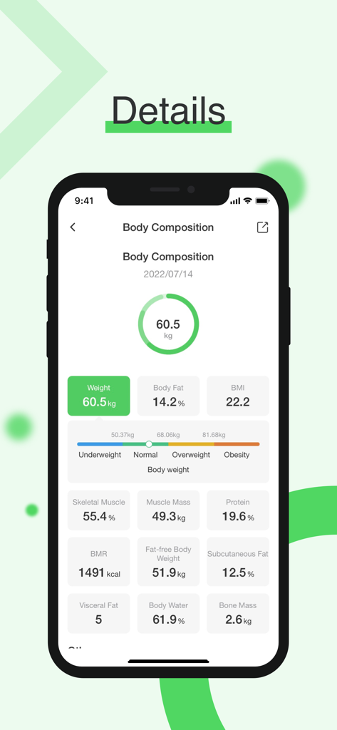 Arboleaf app interface showing detailed body composition metrics including weight body fat and muscle mass