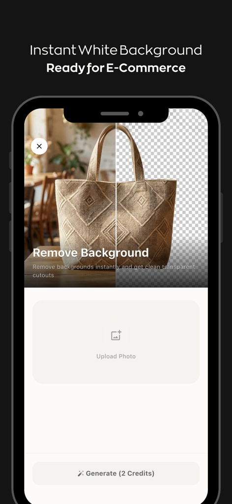 AI Fashion Studio Maker:Fashio - The Fashio AI app interface demonstrating an instant background removal feature for a woven bag to create ecommerce ready product photos.