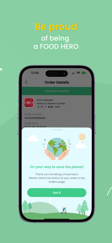 Yindii - Sustainable Food App - Yindii app order confirmation screen showing a successful payment for a surplus food box and a message thanking the user for being a Food Hero