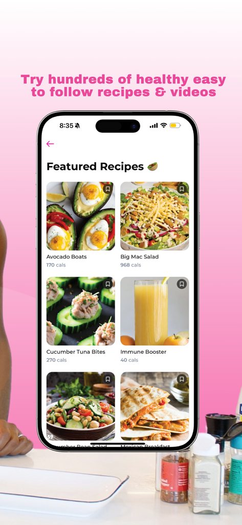 Babe Fitness by Brittne - Babe Fitness app Featured Recipes page displaying healthy meal options like avocado boats and salads with calorie information.
