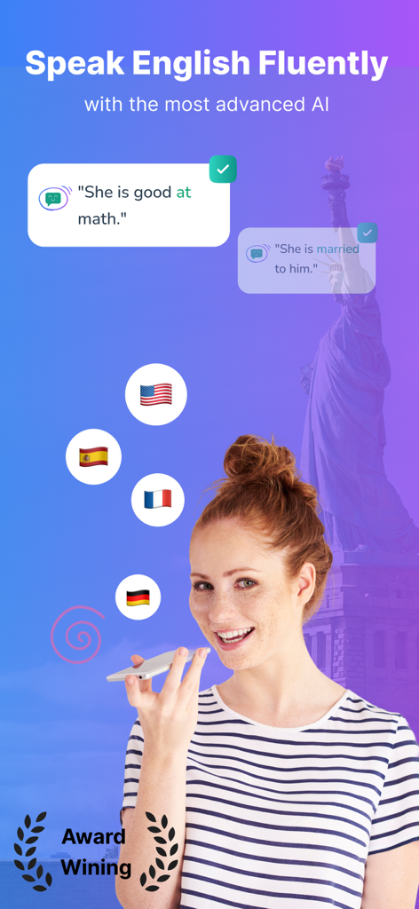 LingUp: AI Language Speaking - A woman using the LingUp app to practice speaking English fluently with AI