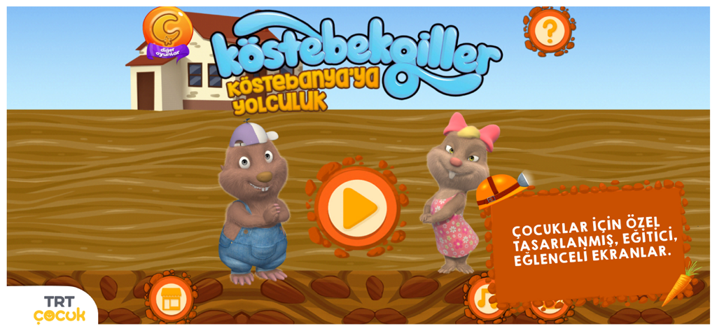 TRT Köstebekgiller - Main menu of the TRT Kostebekgiller app featuring two animated mole characters and a play button