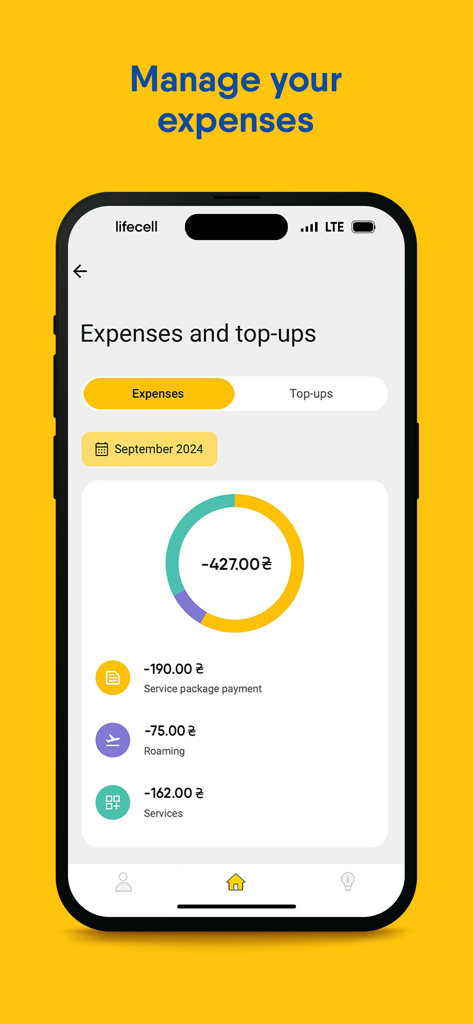 Écran d'un smartphone affichant le rapport des dépenses et des recharges de l'application My lifecell, avec un détail des coûts mobiles.