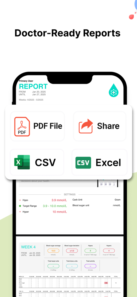 Pantalla de la aplicación Gluco Buddy que muestra opciones de exportación de informes en PDF y Excel