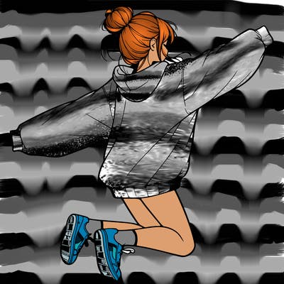 realistic girl jumping with a bun and oversized sweatshirt