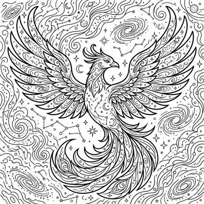 Unleash your creativity with this magnificent Celestial Phoenix adult coloring page, designed for mindful relaxation. Dive into an intricate world of cosmic wonders and bring this mythical bird to life with your favorite colors.