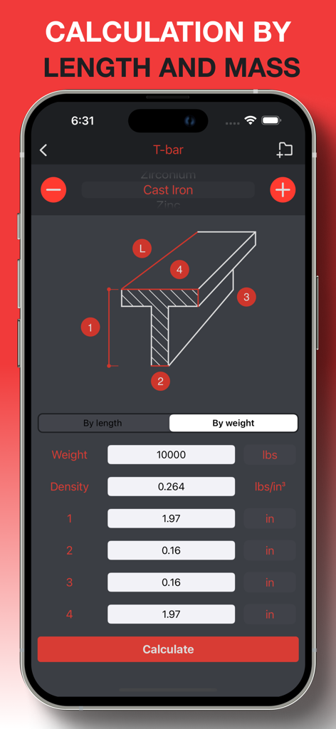 Rolled metal weight calculator - Mobile app interface showing T-bar weight calculation for cast iron