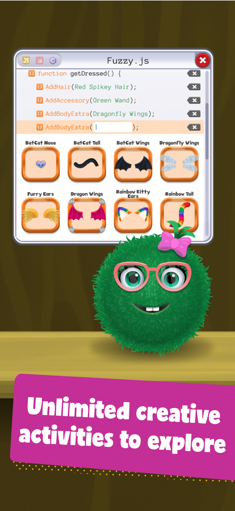 Kodable Basics - Um personagem peludo verde sendo personalizado através de uma interface de codificação JavaScript amigável para crianças no Kodable Basics