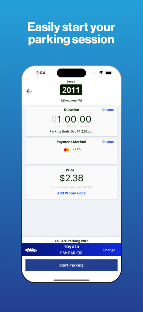 MKE Park app screen showing a parking session setup with zone number duration and price in Milwaukee