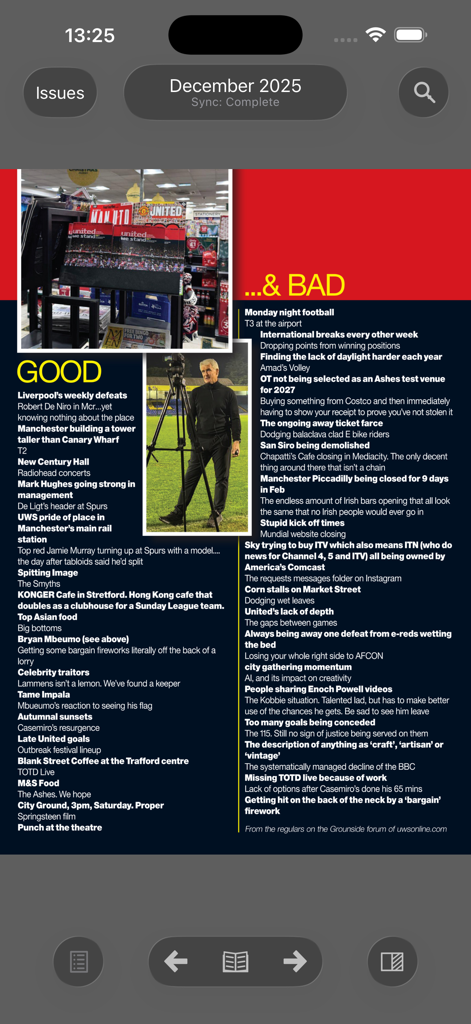 Digitale Seite aus dem United We Stand Fanzine mit Gute-und-Schlechte-Listen über Manchester United