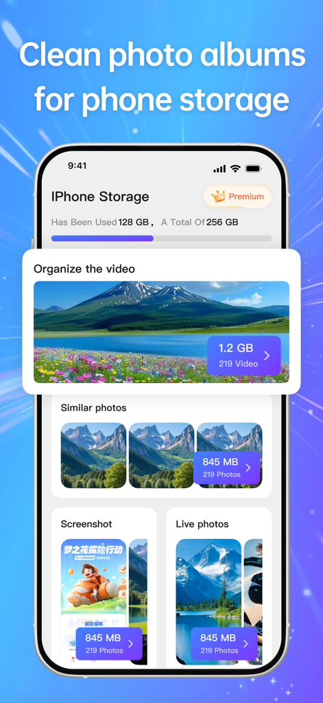 Interfaz de la aplicación Snap Cleaner para organizar fotos y videos y liberar espacio en el teléfono