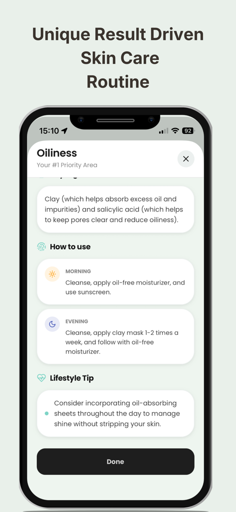 Personalized skincare routine recommendations for oily skin in the Glow AI app.