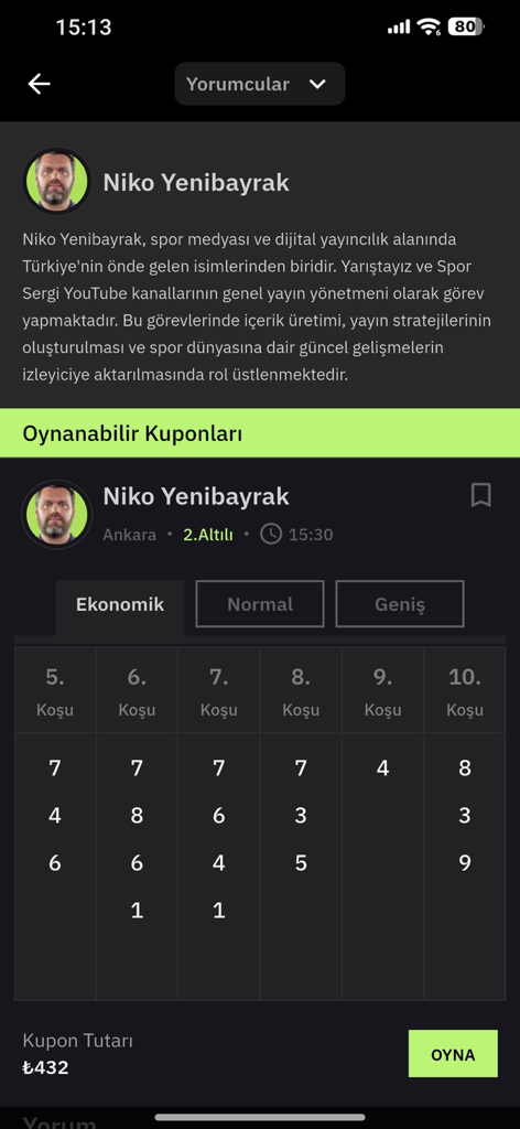 Yarıştayız-TJK Bülten Tüyoları - Niko Yenibayrak expert profile and horse racing betting coupon on the Yaristayiz mobile app