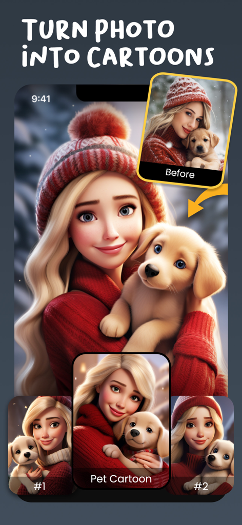 AI Cartoon Generator App - A woman and her puppy transformed from a real photo into vibrant digital illustrations using an AI cartoon app