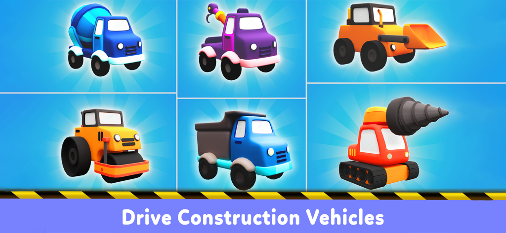 Truck Game for 5 year old Boys - Una esposizione di sei veicoli da costruzione 3D tra cui un bulldozer e una betoniera in un gioco di camion per bambini