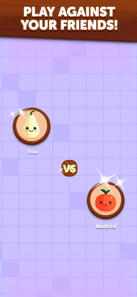 Word Wise app screen showing a real time PvP word battle against a friend with cute fruit characters