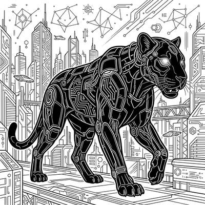 Dive into a thrilling futuristic world with this stunning black panther coloring page, intricately designed with cyberpunk elements. Explore a vibrant cityscape and bring this powerful, robotic creature to life with your unique color palette.