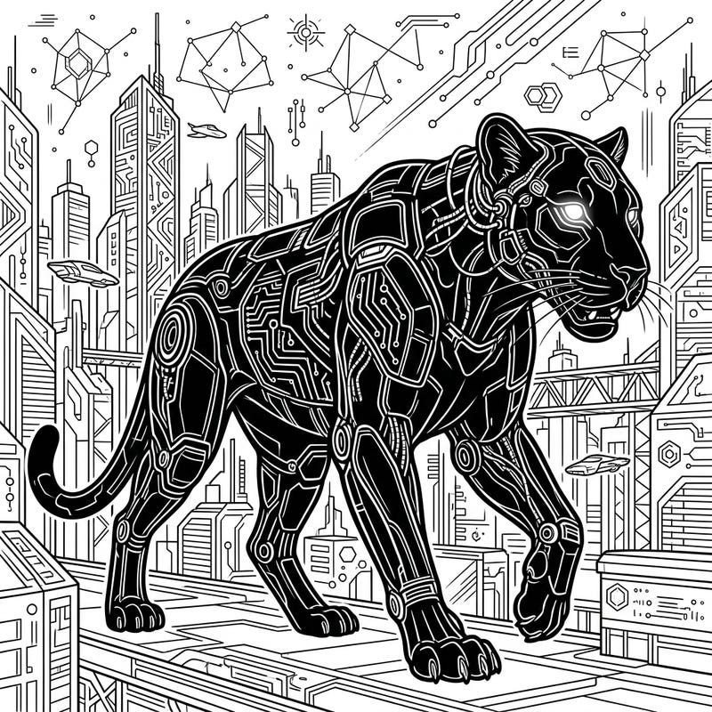Dive into a thrilling futuristic world with this stunning black panther coloring page, intricately designed with cyberpunk elements. Explore a vibrant cityscape and bring this powerful, robotic creature to life with your unique color palette.