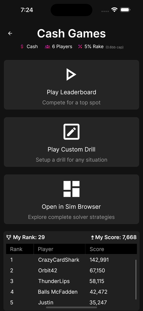 Lucid Poker Trainer app showing cash game training options and leaderboard