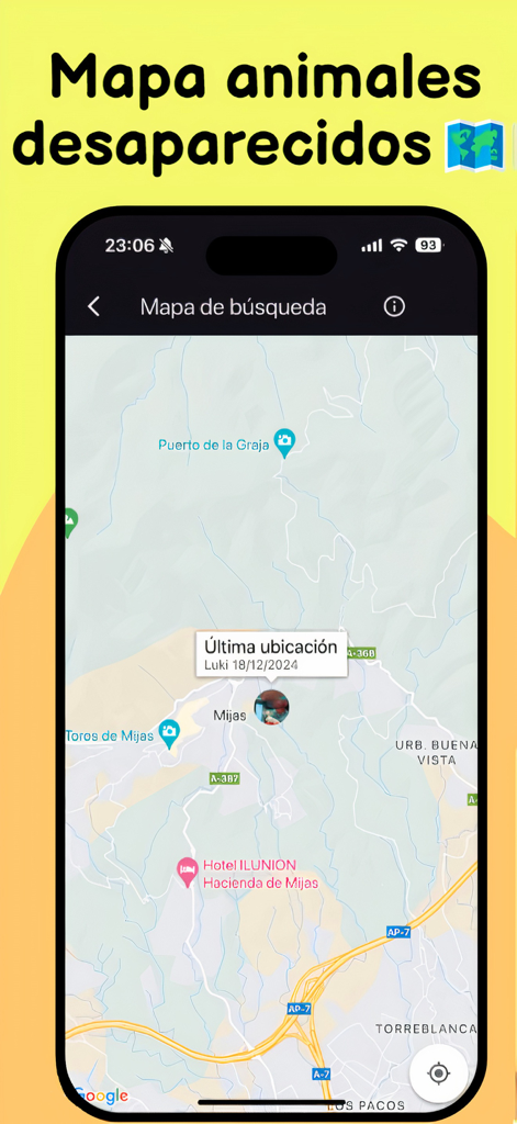 SocialPets-App-Oberfläche, die eine Google Maps-Ansicht mit dem letzten bekannten Standort eines vermissten Haustieres anzeigt