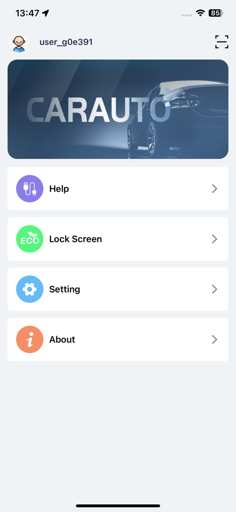 CarAuto(Global) - Interfaz de usuario de la aplicación CarAuto Global mostrando un menú principal con opciones para Ayuda, Pantalla de bloqueo, Configuración y Acerca de