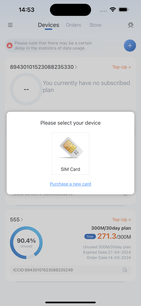 TOPSIM - TOPSIM app interface showing a device selection popup for managing SIM cards and data plans