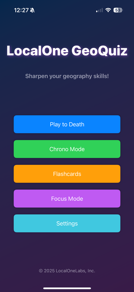 LocalOne GeoQuiz - LocalOne GeoQuiz app home screen displaying game modes like Play to Death, Chrono Mode, and Flashcards.