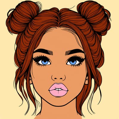realistic girl with two buns on her hair and lips