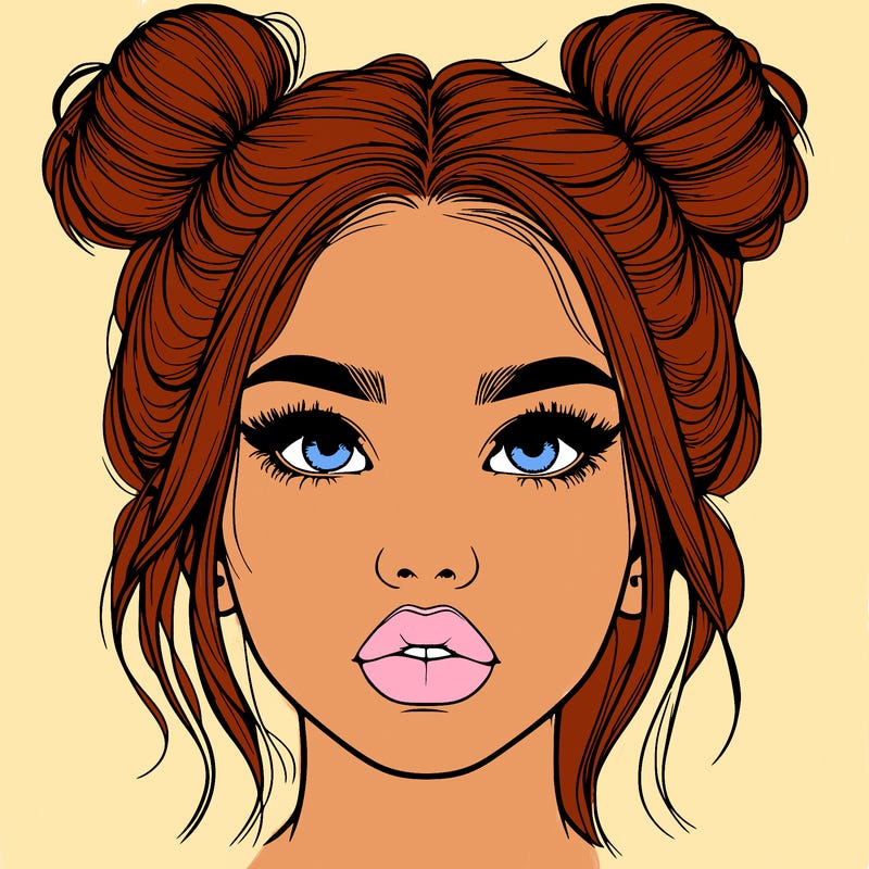realistic girl with two buns on her hair and lips