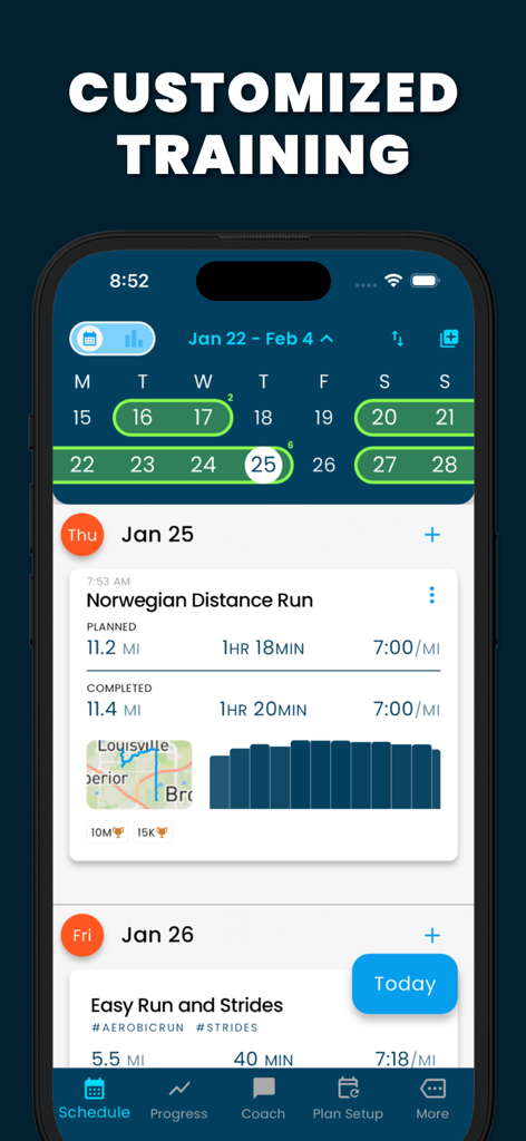 NXT RUN - AI Running Coach - NXT RUN app interface showing a customized training calendar and detailed running performance analytics.
