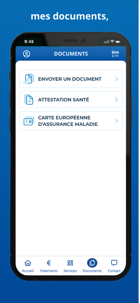ma MSA & moi - The Documents screen of the ma MSA and moi app showing options for sending files and accessing health certificates.