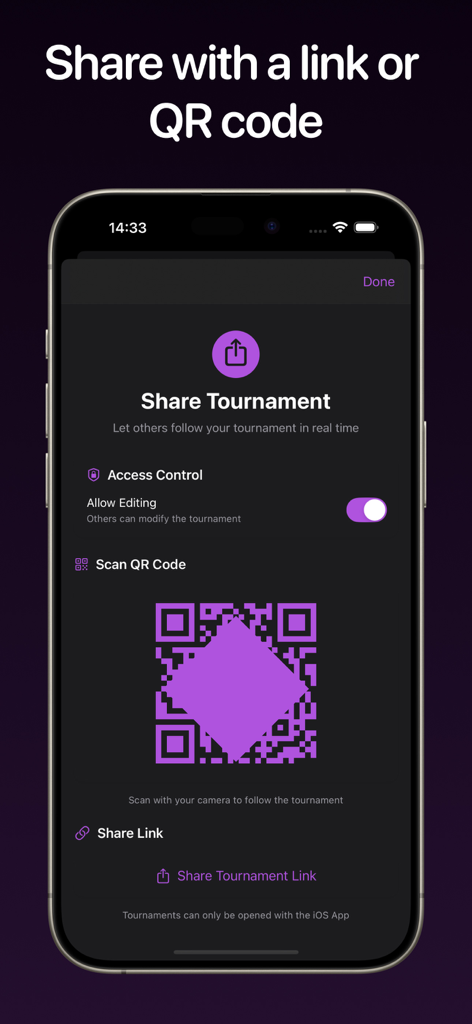 Bracket Maker Clashly screen for sharing tournaments via QR code and links
