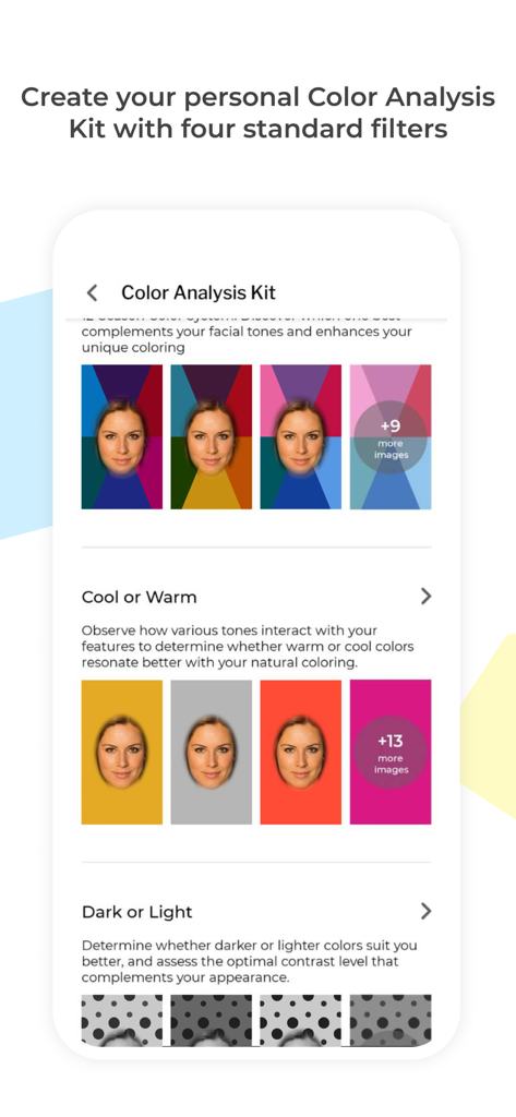 Personal color analysis kit interface in the My Best Colors app featuring seasonal color filters and virtual draping.