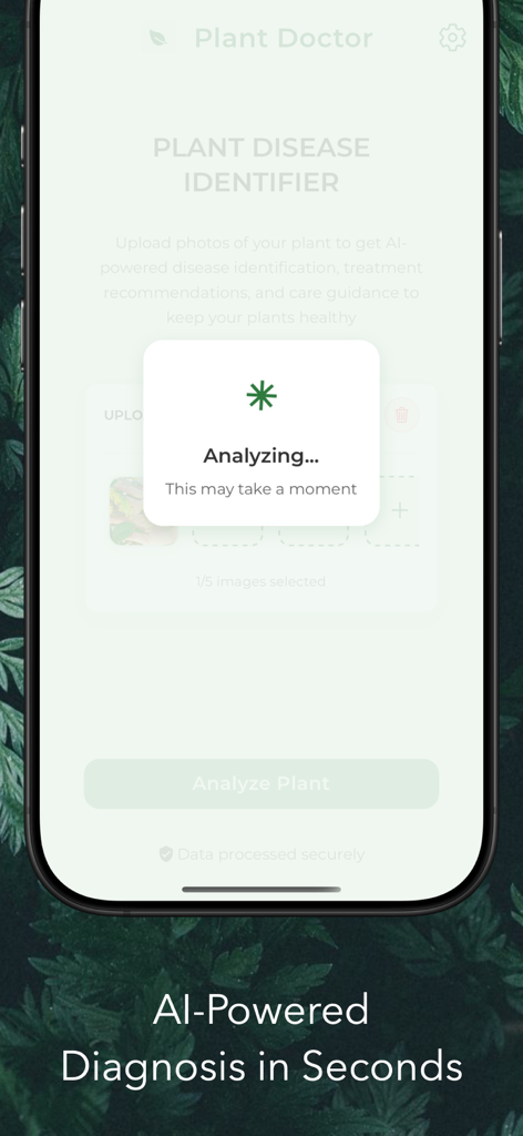 Plant Doctor: AI Disease ID - Interfaz de la aplicación Plant Doctor mostrando el análisis de enfermedades de plantas impulsado por IA en progreso
