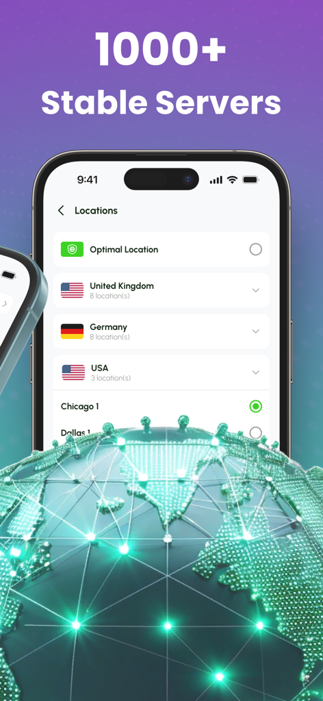 Fast VPN app interface showing over 1000 stable servers and locations list on an iPhone