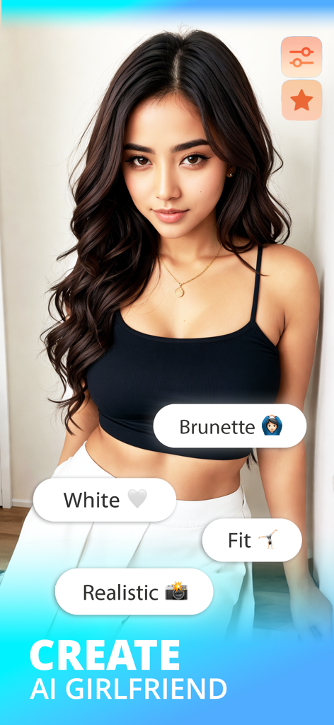 AI Girlfriend Roleplay: AVA - Una pantalla que muestra la creación de un personaje realista de novia IA con rasgos personalizables como el color del cabello y el tipo de cuerpo.