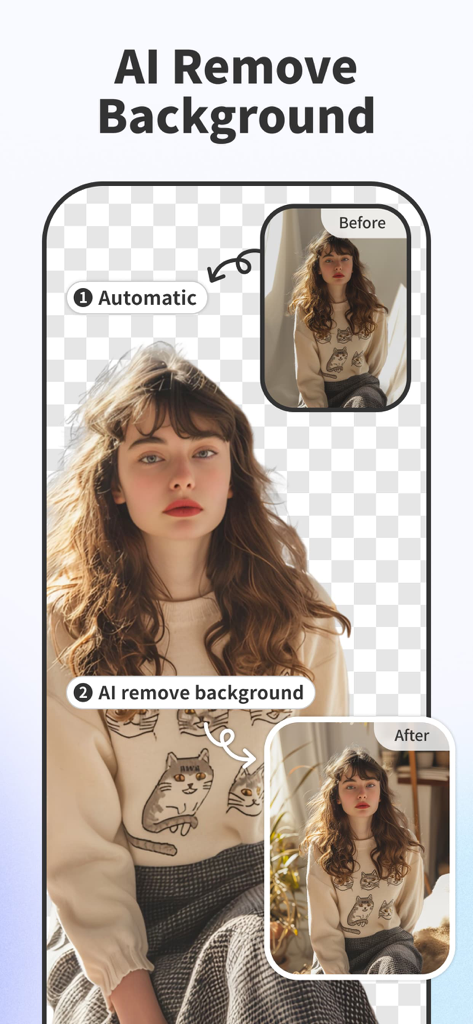 AI Background - Pokecut Studio - A screenshot of the Pokecut Studio app showing the AI background removal feature on a portrait of a woman