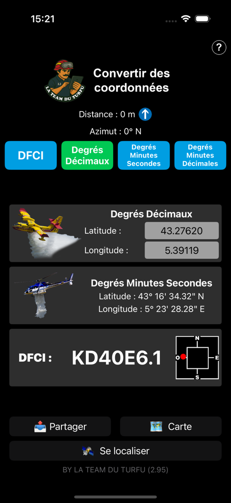 GeoBaroud - Interfaccia dell'app mobile GeoBaroud che mostra la conversione delle coordinate GPS in tempo reale tra formati Decimal Degrees DMS e DFCI